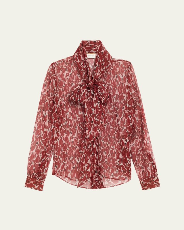 Semi-Sheer Printed Tie Neck Blouse